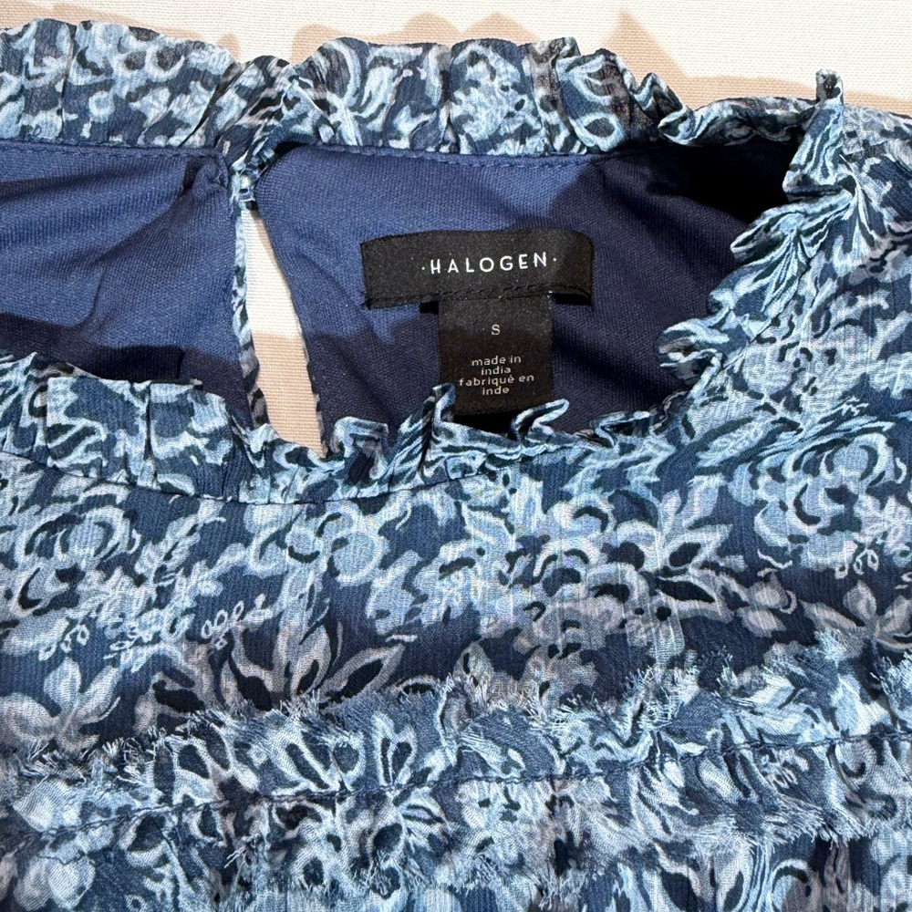 Halogen Navy Blue Floral Smocked Midi Dress Ruffle Sleeve Sz S Cottagecore - Picture 5 of 8